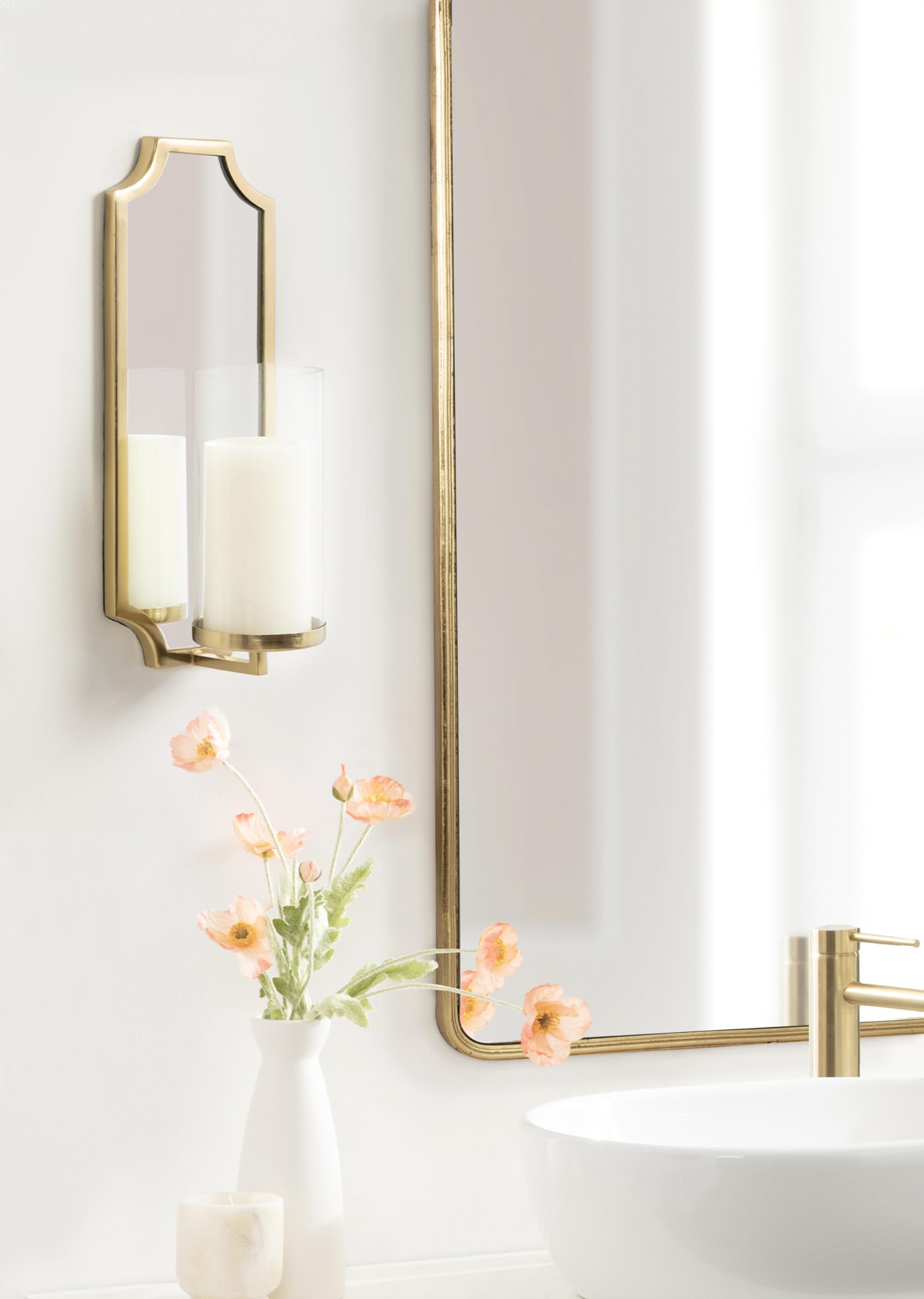 Kate and Laurel Ciel Glam Mirrored Wall Sconce; 6 x 5 x 16; Gold; Modern Scalloped Candle Holder with Removable Glass Cylinder and Mirror for Bathroom or Bedroom Wall Decor