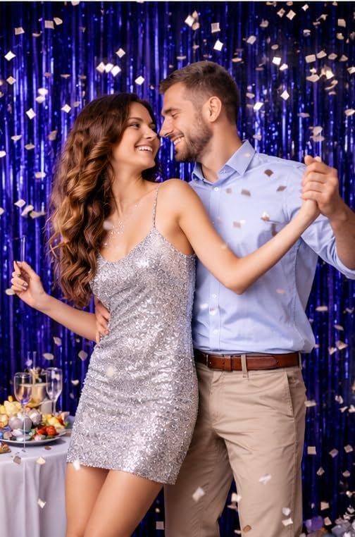 Metallic Foil Fringe Curtain Backdrop by [Brand Name] - Dark Blue | 3.2ft x 6.4ft Party Decor for Events