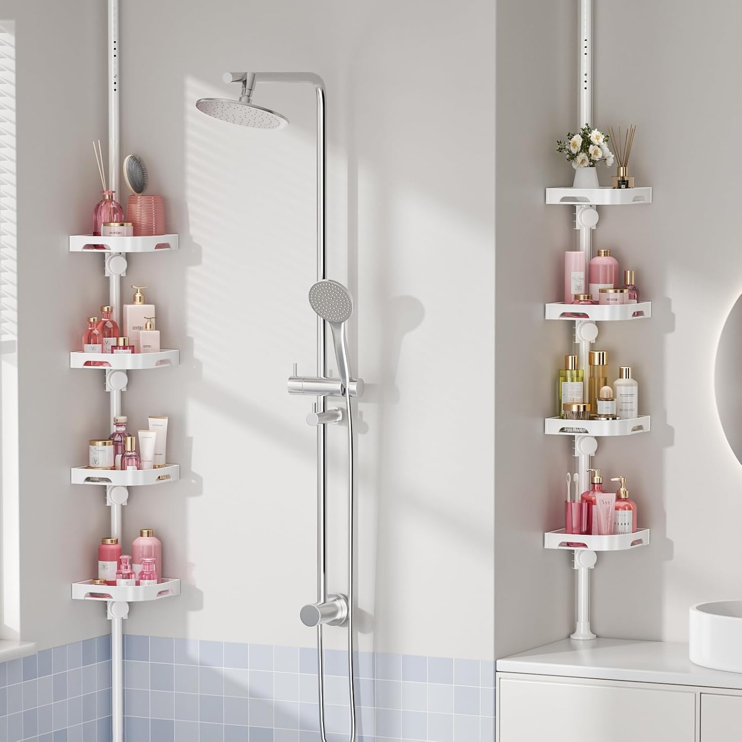 Shuang Qing 4-Tier Corner Shower Caddy - Adjustable Rustproof Metal Organizer | White Plastic Shelves with Safety Guardrail