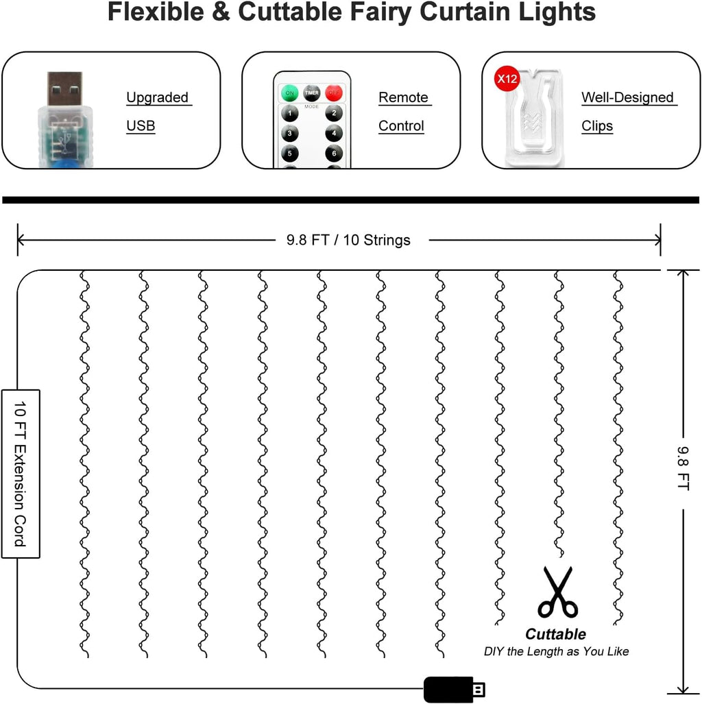 Skiennix 300 LED Fairy Curtain Lights - 9.8 x 9.8FT Warm White USB Plug with Remote | 8 Modes for Christmas, Weddings, Parties