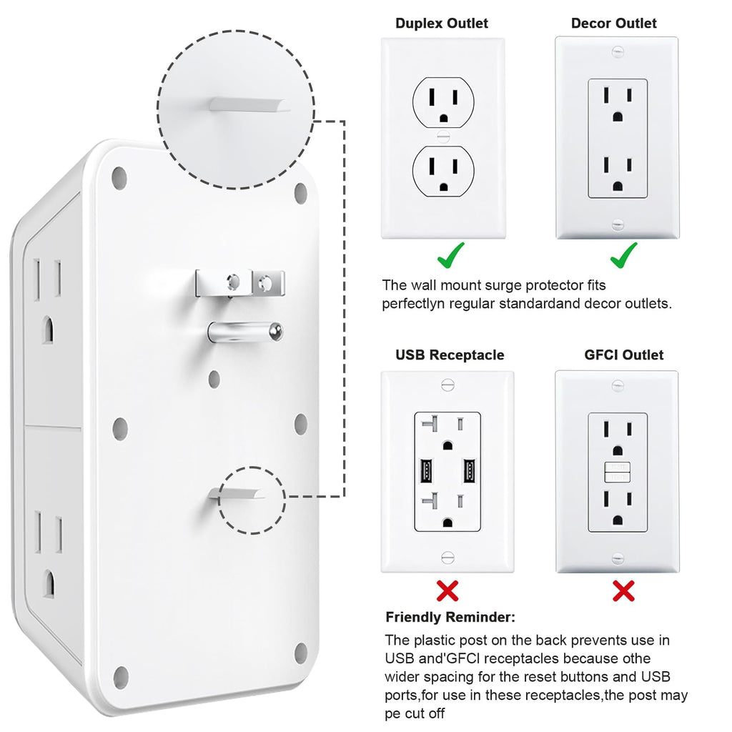 JcBlaon Outlet Extender Surge Protector - 6 Outlet Splitter with 4 USB Ports (2 USB C), Multiple Plug Expander Wall Charger, 3 Sided Multi Plug Wall Adapter Power Strip for Home Office Kitchen Travel