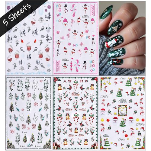 5 Sheets Christmas Nail Stickers 3D Self-Adhesive Winter Holiday Decals