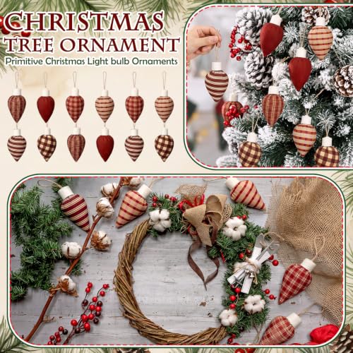12 Rustic Christmas Light Bulb Ornaments - Plaid Cotton Tree Decor