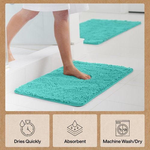 GORILLA GRIP Bath Rug Mat - Thick Soft Absorbent Chenille | Quick-Dry Microfiber, 24x17, Turquoise