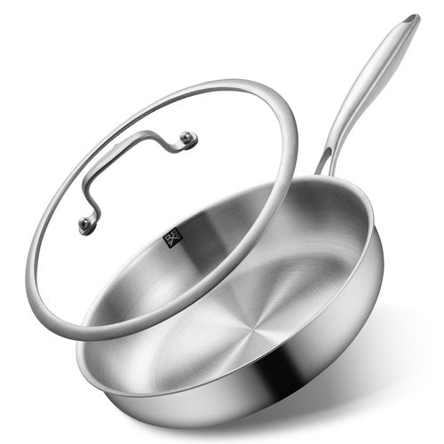 GOLDEN KEY 12 Inch Tri-Ply Stainless Steel Pan, Stainless Steel Frying Pan with Lid,Stainless Steel Skillet Induction All Cooktops, PFOA/PTFE Free Skillet,Health&Safety,Heavy Duty&Fast & Even Heat