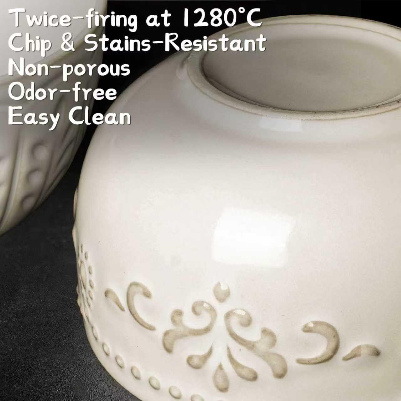 Artena Ceramic Dessert Bowls Set of 4 - 12 oz Embossed White Bowls for Ice Cream, Cereal & More | 4.5 Inch, Microwave & Dishwasher Safe