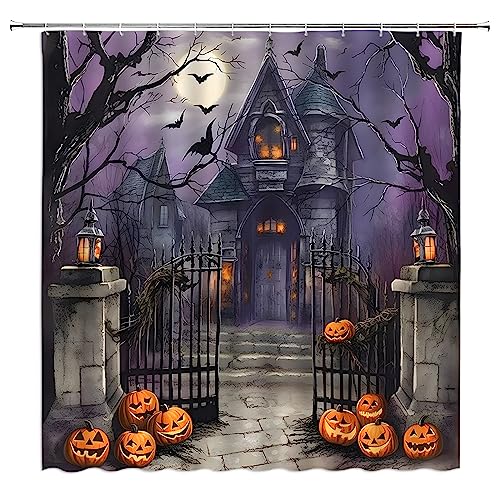 ZNLSU Halloween Shower Curtain - Scary Night Full Moon Gothic Haunted House & Pumpkin Design - 70x70 Inches, Purple Gray with Hooks