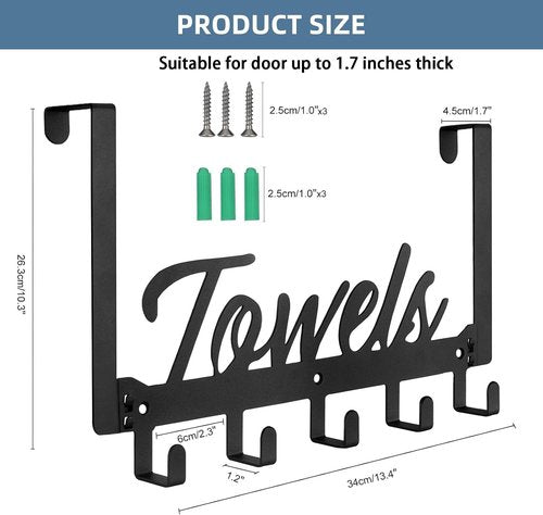 Azmoncy Over The Door Hooks - Heavy Duty Towel Rack with 5 Coat Hooks | Black, Ideal for Bathroom & Kitchen
