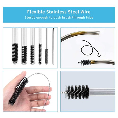 10PCS Flexible Drain Brush Straw Cleaner Brush Set,Pipe Cleaners Brush,61Inch Stainless Steel Double-Ended Hose Brush 8.2Inch Nylon Long CPAP Tube Cleaning Brush for Home Kitchen Sink Plumbing