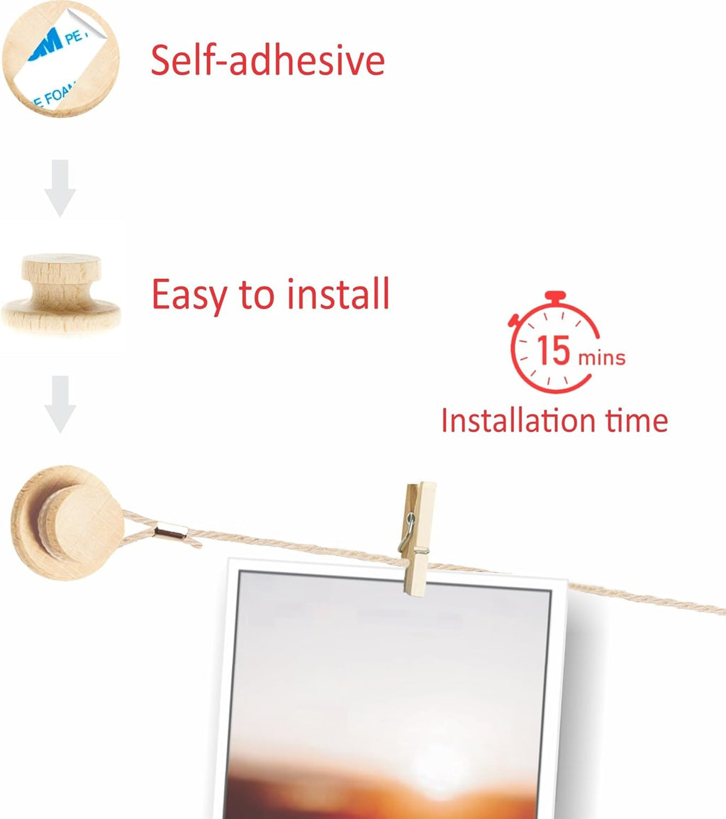 PhotoWall Hanging Photo Display | Sculptural Picture Frames Collage - 5 Strings, 30 Clips, 3M Hooks - 30 x 30 Inch