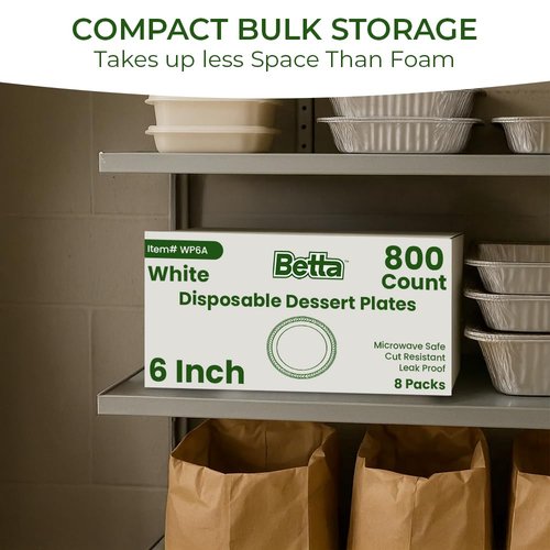 Betta 6-Inch Disposable Plastic Dessert Plates, White, 800 Count, Bulk Case for Schools, Breakrooms and Cafeteria, Microwave Safe (8 Pack Per Box x100)