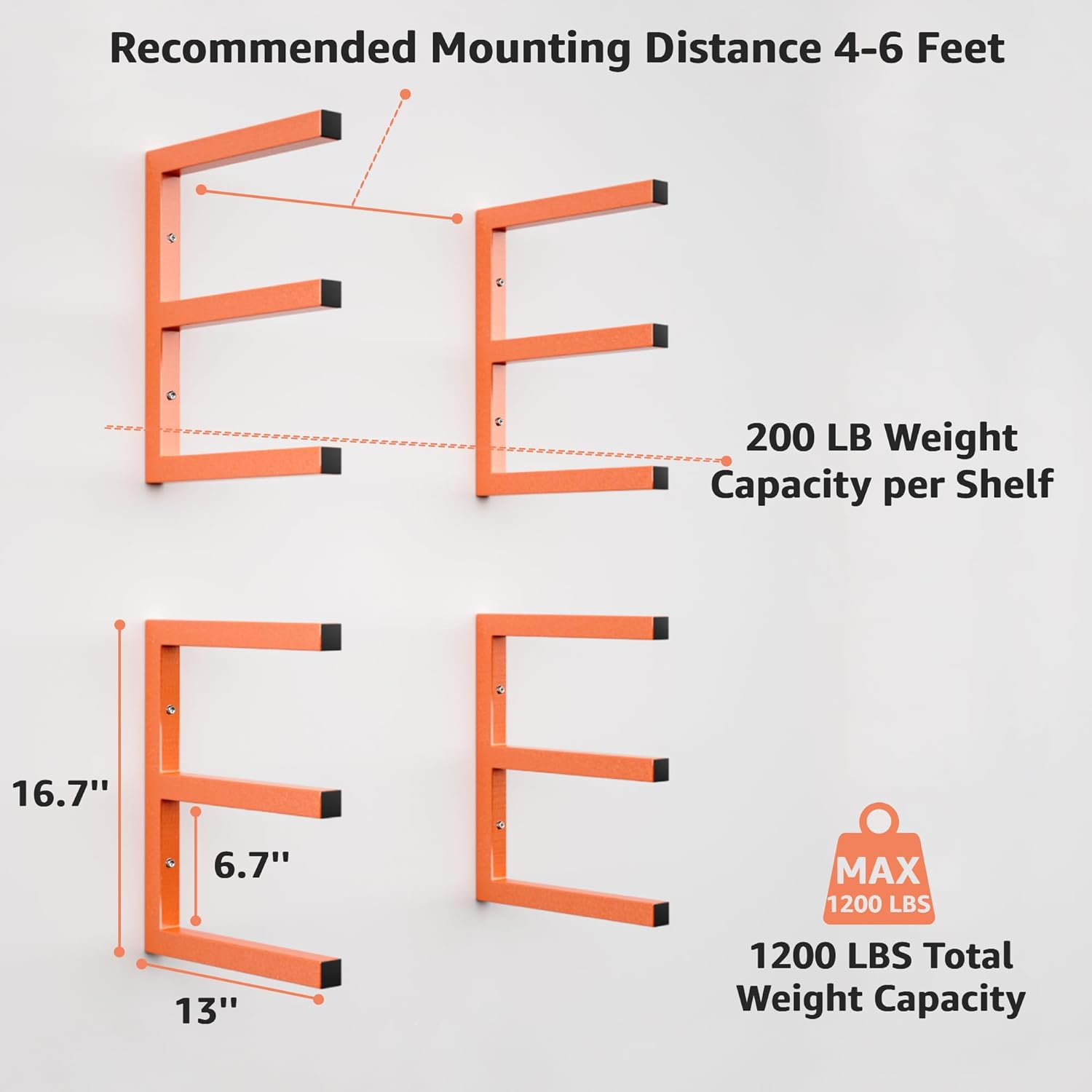 YYR Wood Organizer - Heavy Duty Metal Lumber Storage Rack | 6-Level Wall Mount, Holds Up to 1200 LBS, Orange