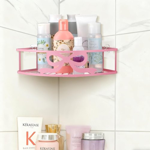 Coquette Corner Shower Caddy - No Drilling Pink Shower Shelves with 5 Adhesive Hooks | 2 Pack