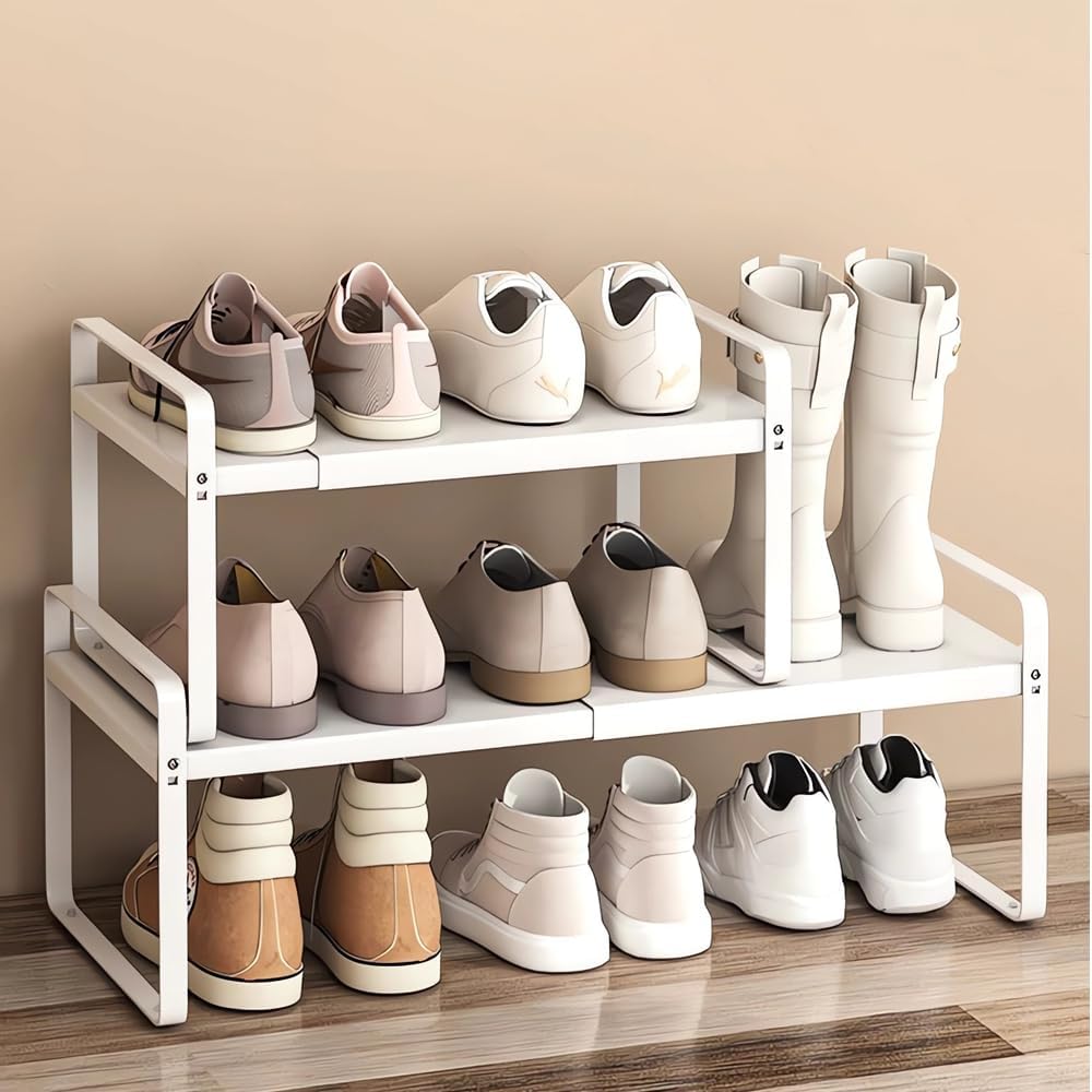 Skiennix Expandable Metal Shoe Rack - Heavy-Duty Free-Standing Shelf | Adjustable Width 14.9"–23.6" for Closets & Entryways