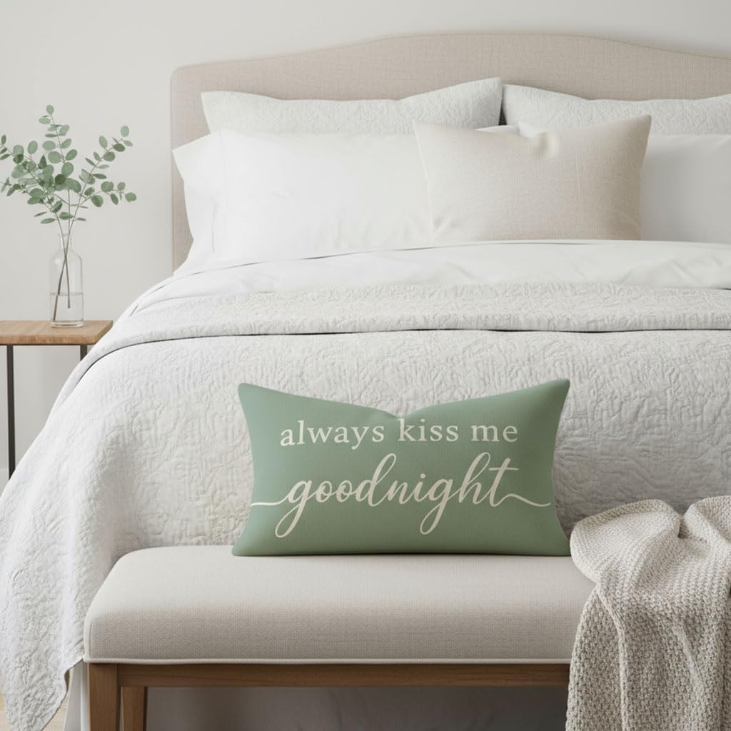 HERHOME Decorative Throw Pillow Cover 12x20 Inch, Always Kiss Me Goodnight Sage Green Lumbar Cushion Case for Bedroom Bed Sofa, Sweet Gifts for Couples Wedding Anniversary Spring Summer Home Decor