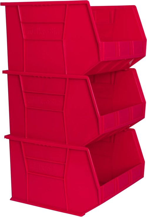 Akro-Mils Plastic Storage Bins - Space-Saving Stackable Organizers for Garage & Pantry | 18" x 16" x 11", Red, 3-Pack