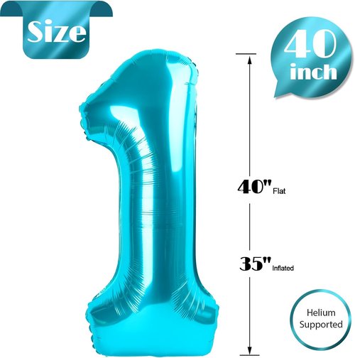 Light Blue Number 1 Balloon - 40 Inch Shiny First Birthday Decoration for Baby Boy/Girl