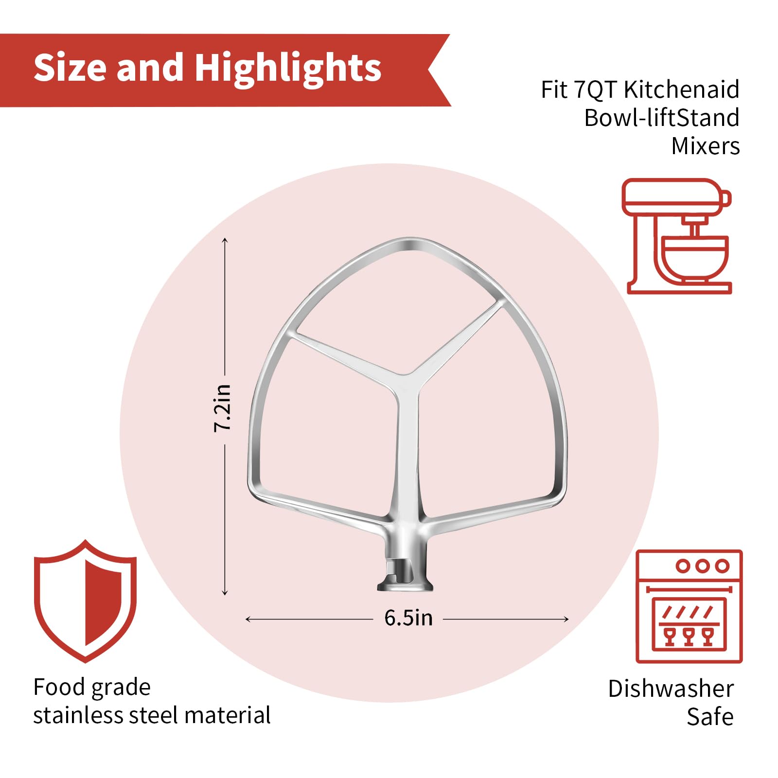 Stainless Steel Flat Beater for KitchenAid 7QT Bowl-Lift Stand Mixers, Food Grade Replacement Attachment, Dishwasher Safe