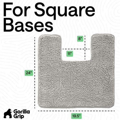 GORILLA GRIP Plush Chenille Bath Rug Mat - Absorbent & Soft Microfiber for Square Toilet Base | Light Gray