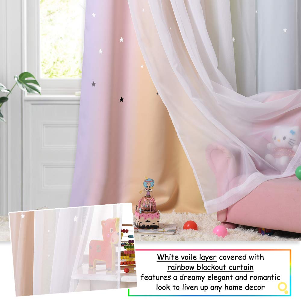 NICETOWN Rainbow Star Curtains for Girls Bedroom, Double Layer Colorful Stripes Kids Blackout Curtains Plus White Sheer Livingroom Window Curtains for School Classroom (Rainbow, W52 x L84, Sold by 2)