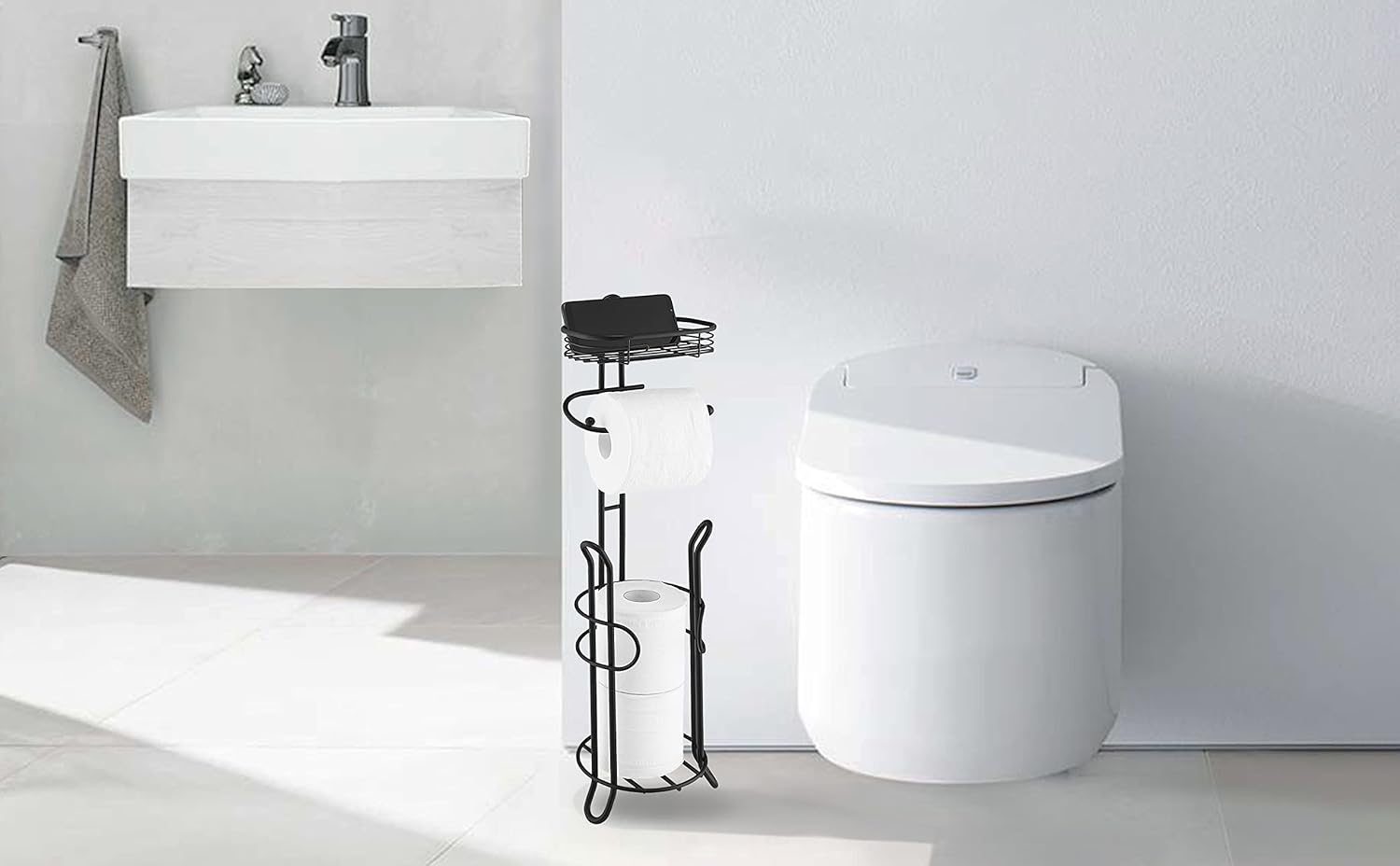 SunnyPoint Toilet Tissue Paper Holder - Heavyweight Storage Stand with Reserve for Mega Rolls | Black