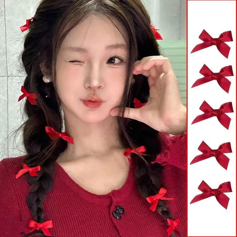 20Pcs Red Mini Bow Hair Clips Ribbon Barrettes for Women and Girls
