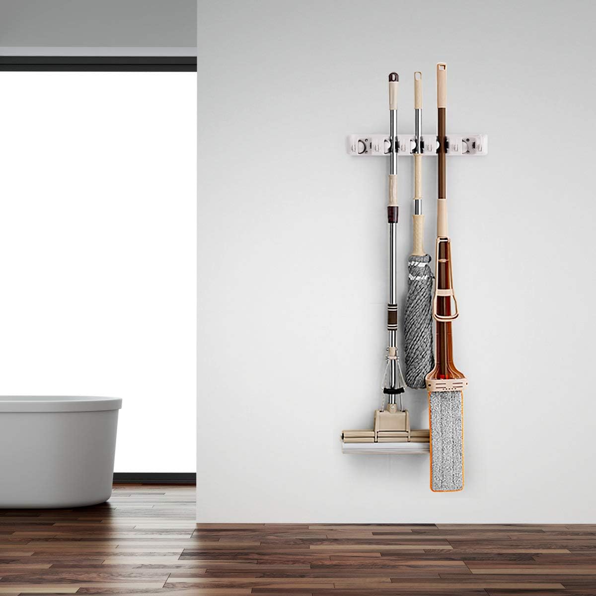 Tangkula Wall Mount Broom Holder - 5 Slot Organizer with 6 Hooks for Home, Kitchen & Garage Storage