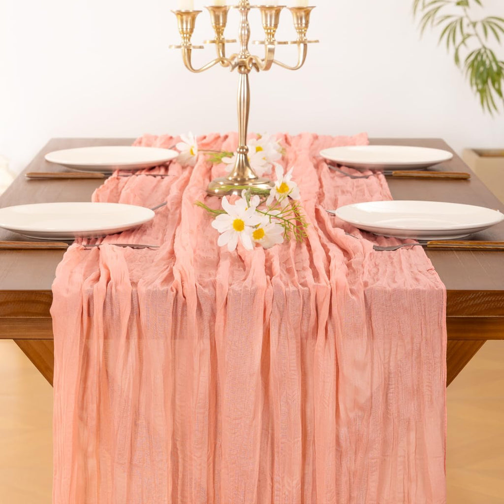 Socomi Cheesecloth Table Runner - Coral Peach Boho Style for Weddings & Parties | 120-Inch Length