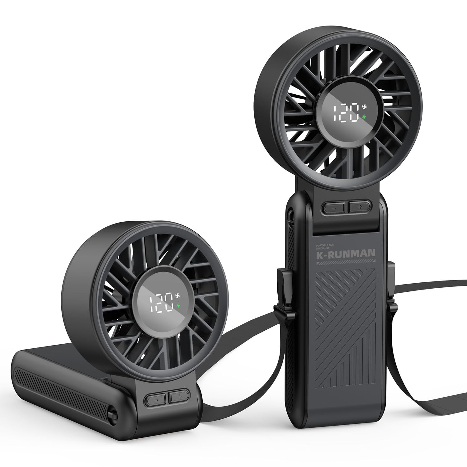 K-RUNMAN Portable Handheld Fan, 4000mAh Rechargeable, 6 Speed Settings, LCD Display, 3-in-1 Foldable Mini Desk Fan with Lanyard (BLACK)
