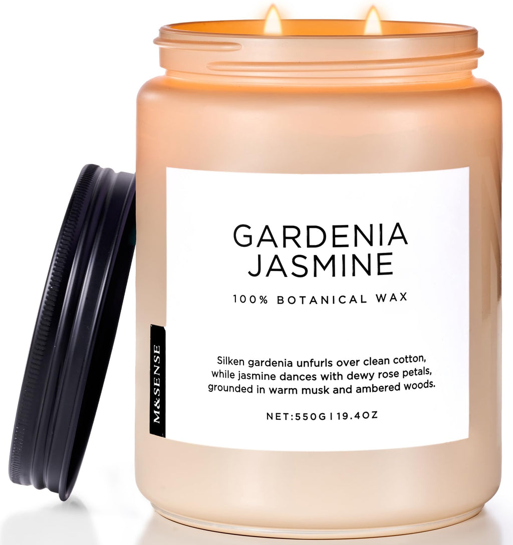 M&SENSE Gardenia Jasmine Scented Candle, 110 Hours Slow Burning Clean Non Toxic 19.4oz 2 Wicks Aromatherapy Candle for Housewarming Gifts, Long Lasting Fragrance for Bath & Office