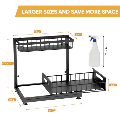 Saydear Under Sink Organizer Storage 2-Tier Premium Metal Pull-Out Kitchen Cabinet Organizer with Sliding Drawer, Height Adjustable, Heavy Duty for Kitchen & Bathroom Organizers 2 Pack Black