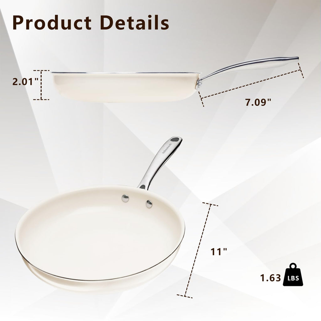 SAKAMOSH 11" Ceramic Frying Pan Nonstick, Skillet, Cooking Pan Non Toxic with Stay Cool Handle for Induction, Chef's Pan, PTFE & PFAS & PFOA Free, Dishwasher/Oven Safe, White