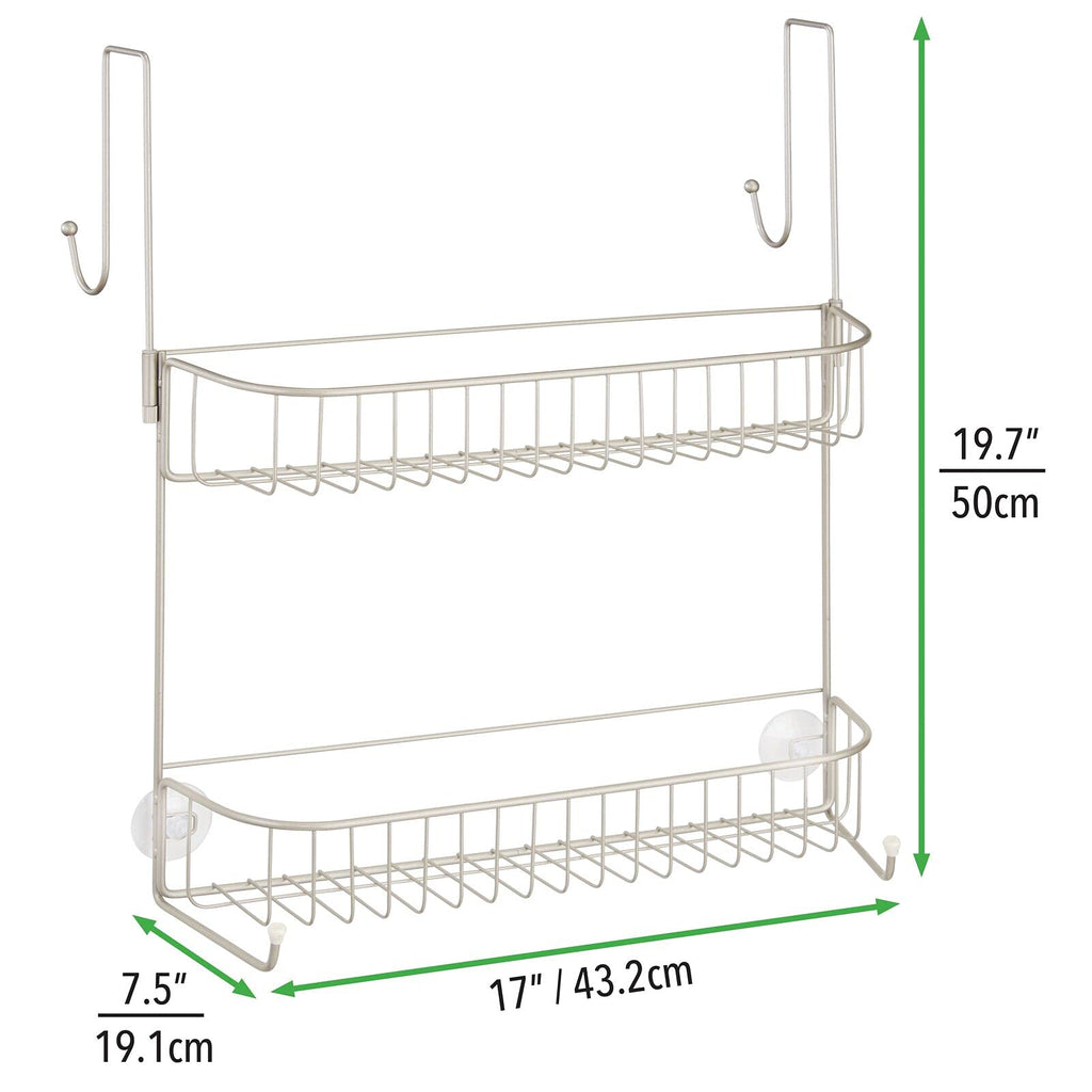 mDesign Extra Wide Metal Wire Over the Bathroom Shower Door Caddy, Hanging Storage Organizer with Built-In Hooks and Baskets on 2 Levels for Shampoo, Body Wash, Loofahs, Rust Resistant - Satin