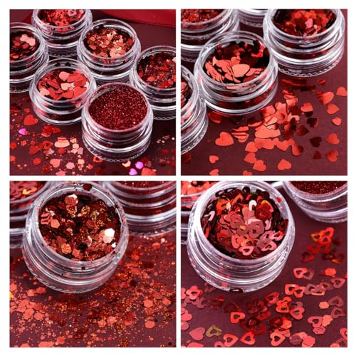 Valentine Heart Nail Art Glitter Sequins 6-Jar Set for DIY Manicures