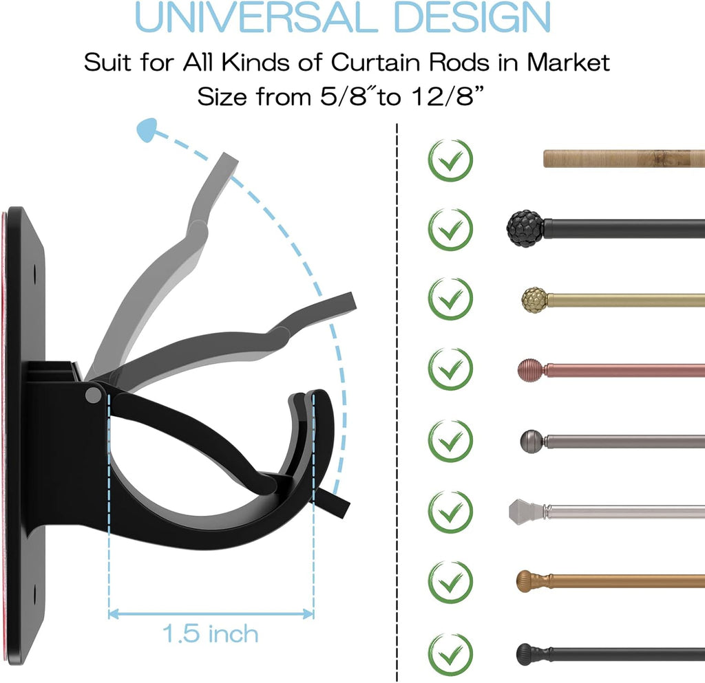 Skiennix Self-Adhesive Curtain Rod Brackets - No Drill, Universal Plastic Holders for Home Use | Black, 2 Pieces
