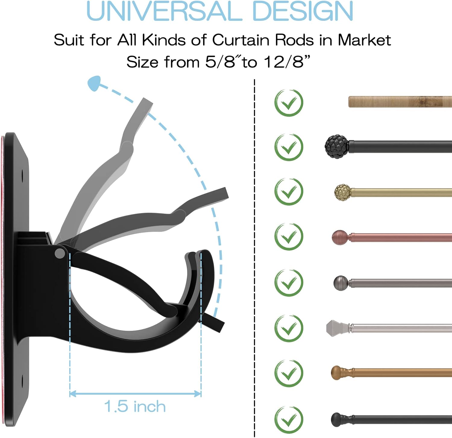 Skiennix Self-Adhesive Curtain Rod Brackets - No Drill, Universal Plastic Holders for Home Use | Black, 2 Pieces