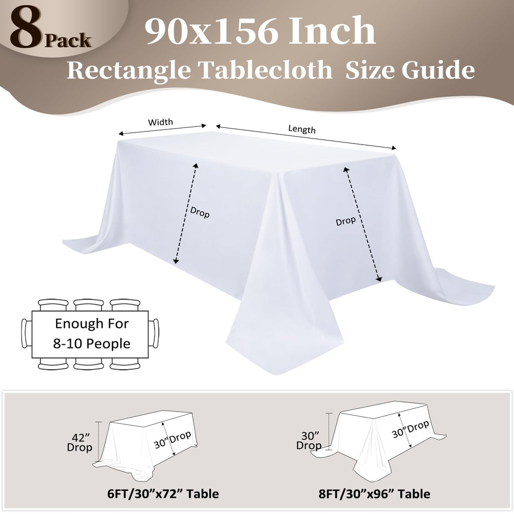 pepmily 8 Pack White Table Cloth 90x156 Inch Rectangle Tablecloths for 8 Foot Rectangle Tables, Wrinkle Resistant Washable Polyester Fabric Rectangular Table Cover for Dining Banquet Wedding Party