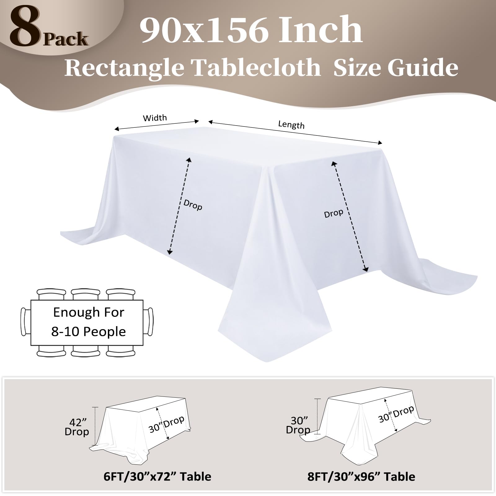 pepmily 8 Pack White Table Cloth 90x156 Inch Rectangle Tablecloths for 8 Foot Rectangle Tables, Wrinkle Resistant Washable Polyester Fabric Rectangular Table Cover for Dining Banquet Wedding Party
