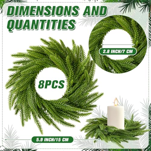 Green Norfolk Pine Christmas Candle Ring Wreaths - Pack of 8, 6 Inch