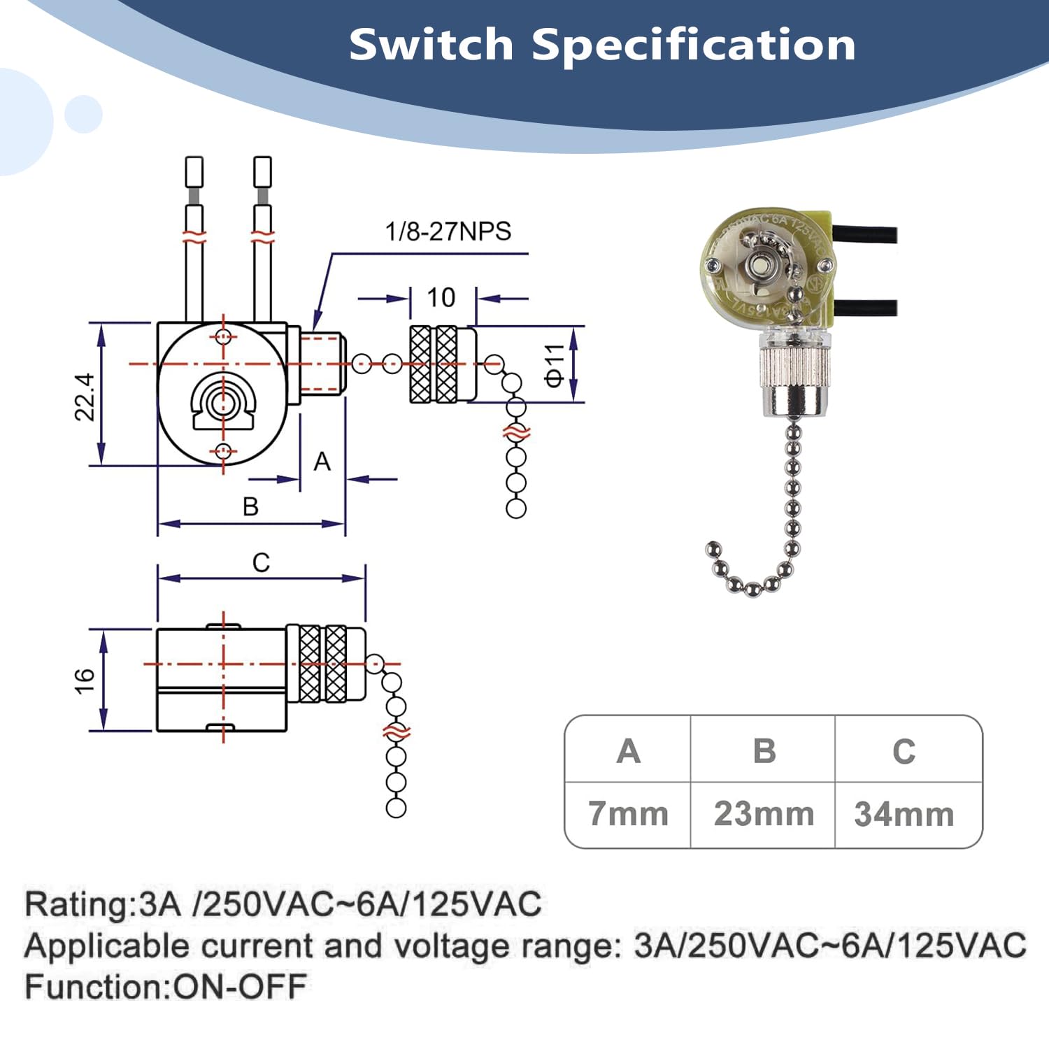Ceiling Fan Pull Chain Switch for Fan Light, Zing Ear ZE-109 ON-OFF Pull Chain Lamp Switch with Cord for Ceiling Fan Lights, Lamps, Canopy Lights (Nickel 2 PACK)