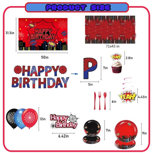 Spider Theme Birthday Party Supplies, Spider Party Decorations Including Birthday Banner, Backdrop, Hanging Swirls, Tablecloth, Balloons, Cake Toppers, Plates, Forks, Knives, Spoons for Spider Party