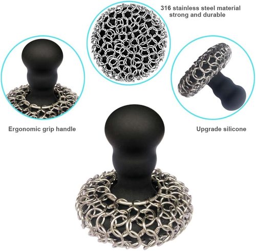 316 Chainmail Scrubber by [Brand Name] - Ergonomic Silicone Handle for Easy Cast Iron Cleaning | Dishwasher Safe, Black