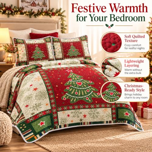 King Christmas Quilt Set with 3-Piece Patchwork Tree Design - Red, Bedding