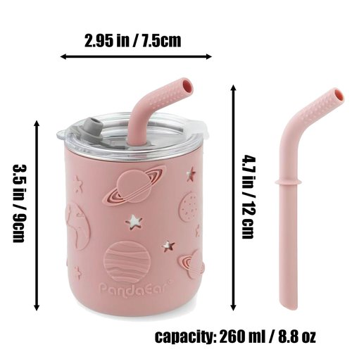 PandaEar Stainless Steel Baby Feeding Set | 2 Divided Suction Plates, 2 Spill-Proof Straw Cups with Silicone Sleeves, 2 Forks & 2 Spoons | Toddler Utensils for Baby Led Weaning, BPA-Free (Pink)