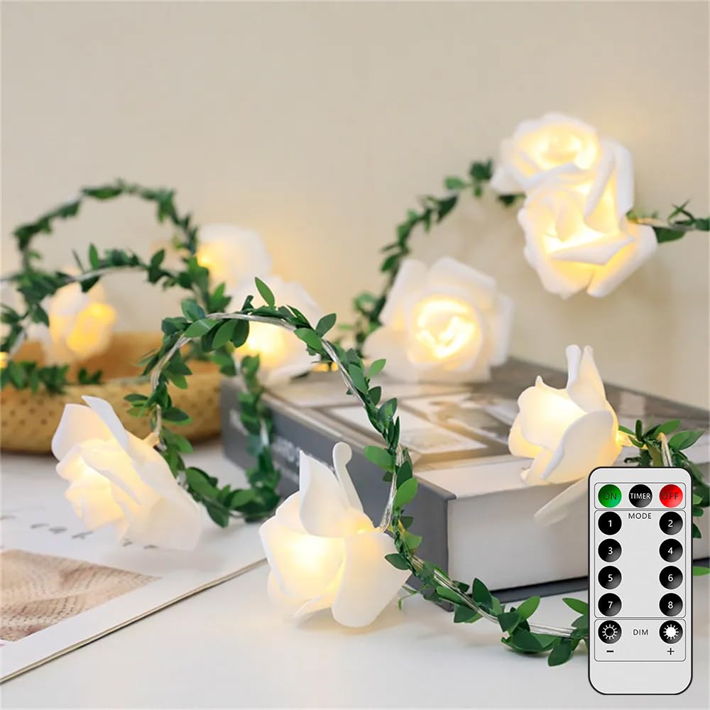 VIPMOON 20LED 10Ft Artificial Rose Flower String Lights, Flower Fairy Light Battery Operated with Remote Control, Warm White String Lights Waterproof for Indoor Outdoor, Party, Wedding, Birthday