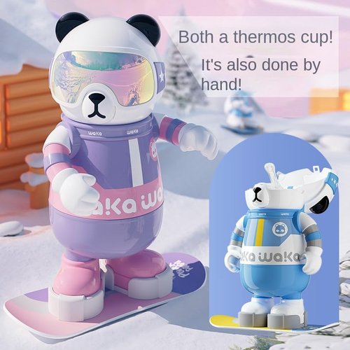 Waka Snowboarder Panda Insulated Water Bottle, SUS316 Liner, 6h Temperature Lock, Portable with Strap (Blue)