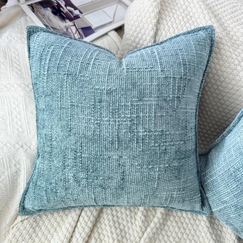Teal Chenille Throw Pillow Covers Set of 2 - 16x16 Decorative Cushions