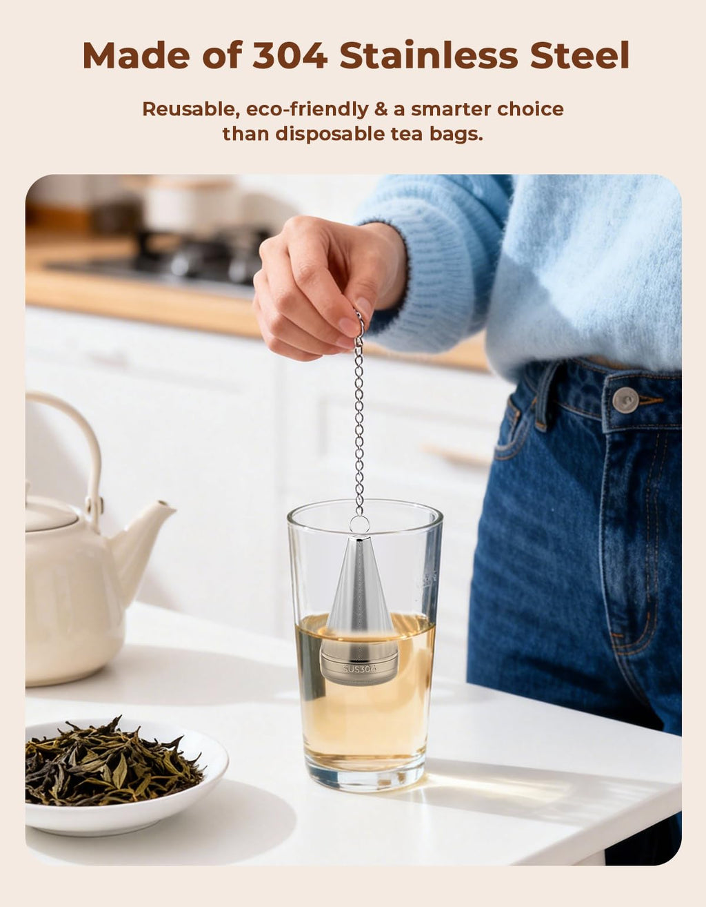 Feelife Cone Tea Infusers for Loose Leaf Tea, 304 Stainless Steel Tea Strainer Fine Mesh, 1.8” x 3” Loose Leaf Tea Steeper with a Drip Tray