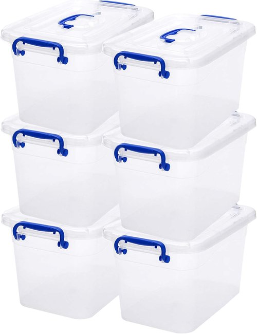 Clear Storage Box 6-Pack | 7 Quart Plastic Latch Bins with Handle - 6.5 Liter Capacity