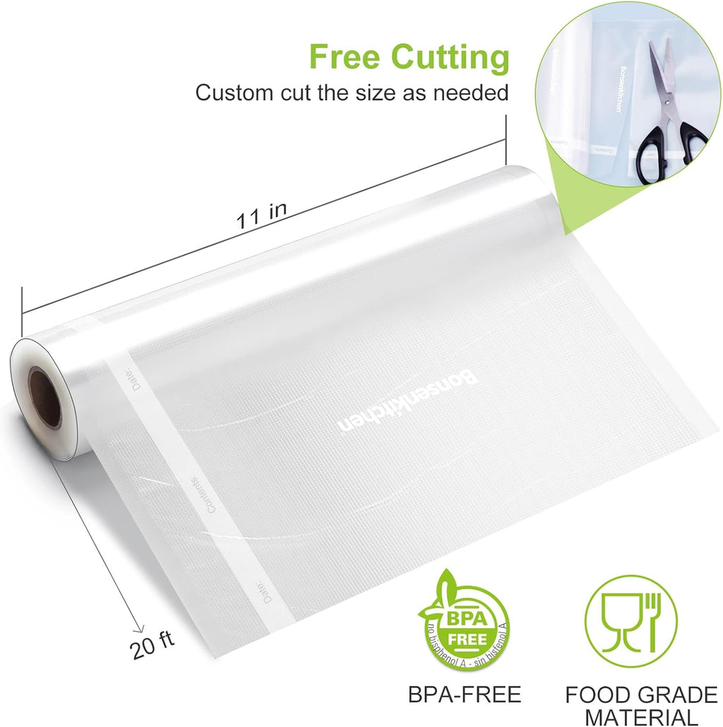 Bonsenkitchen Vacuum Sealer Bags - Heavy Duty 11" x 20' Rolls | BPA-Free Food Storage Saver, Ideal for Sous Vide Cooking